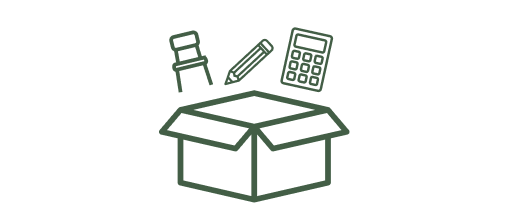 box with a chair, pencil and calculator going in