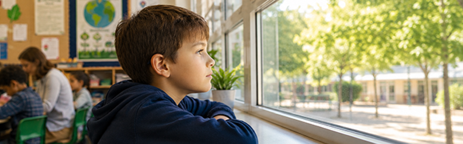 student looking out of the window at school